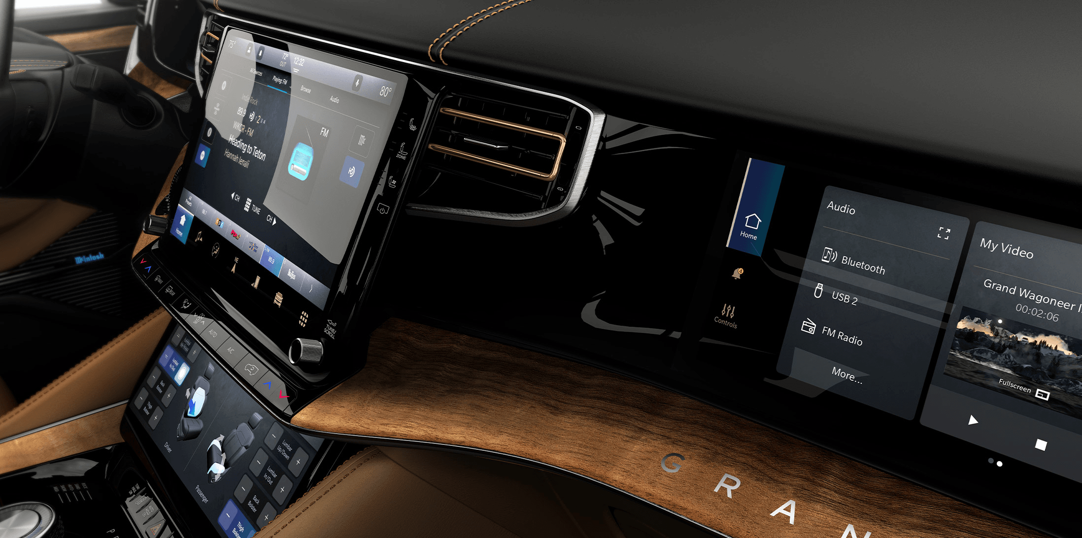 The front passenger display and centre touchscreen of an All-New 2022 Grand Wagoneer.