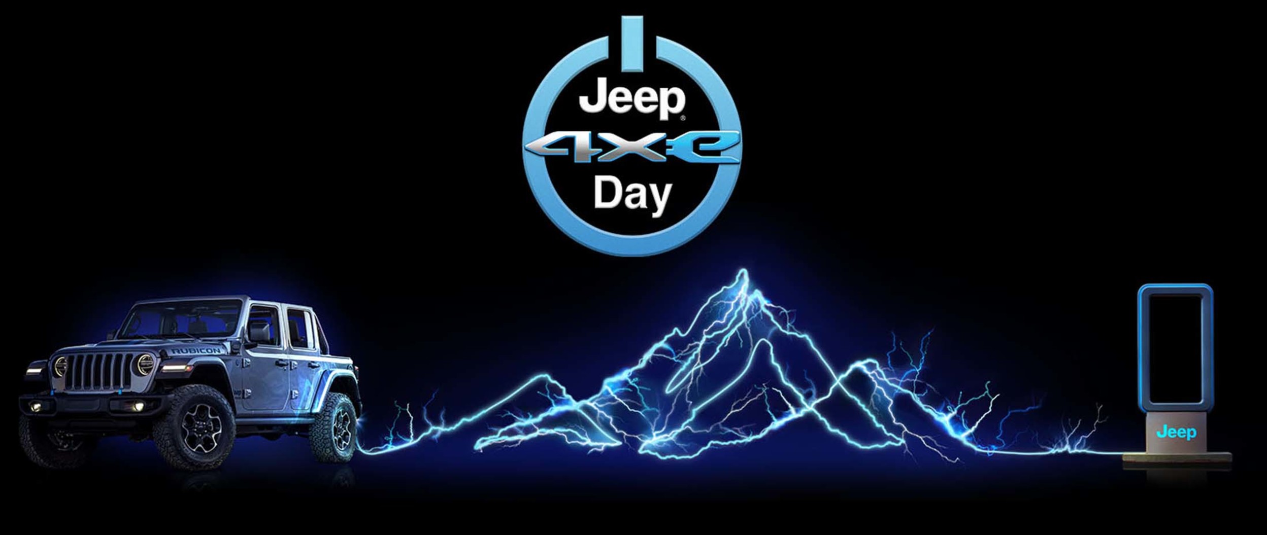 View of grey Jeep 4xe against a black background with blue mountain graphic outlines.