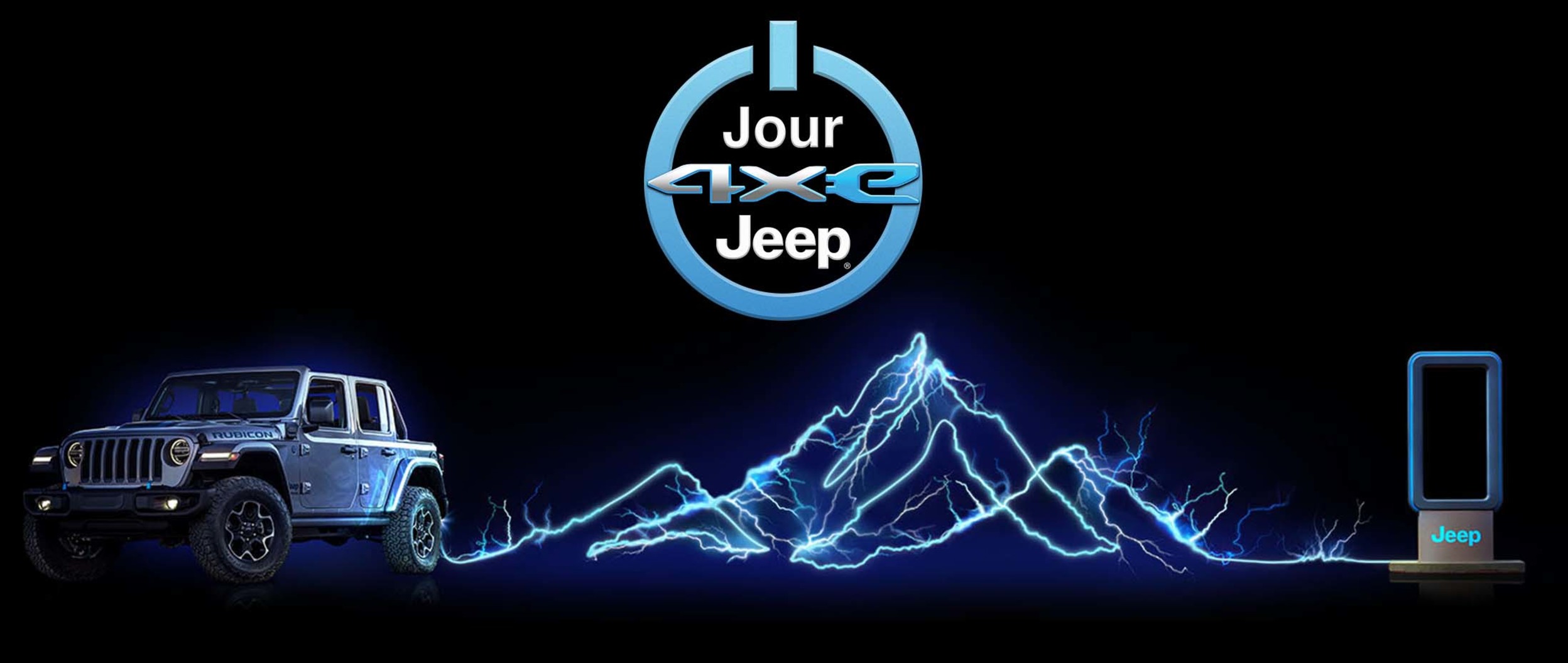 Vue d’un Jeep 4xe gris sur un fond noir avec des contours graphiques de montagne bleue.