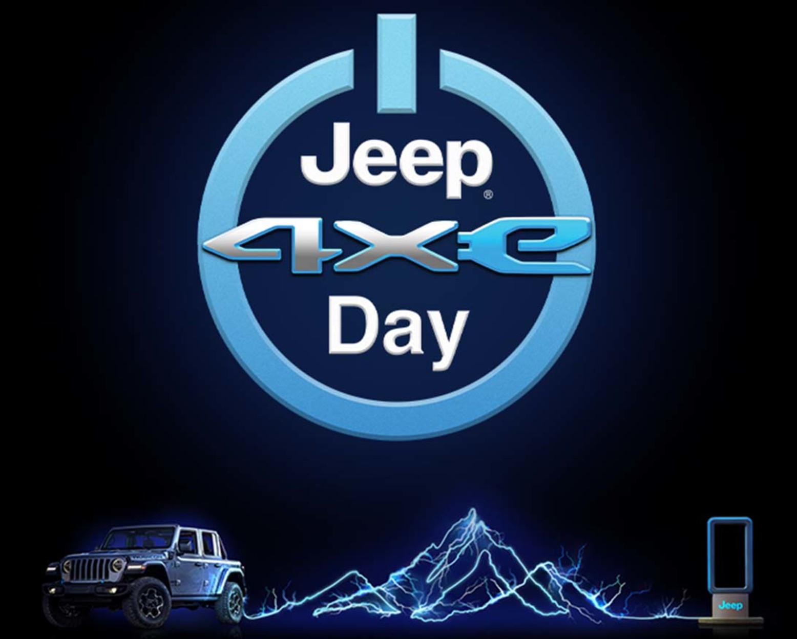 View of grey Jeep 4xe against a black background with blue mountain graphic outlines.