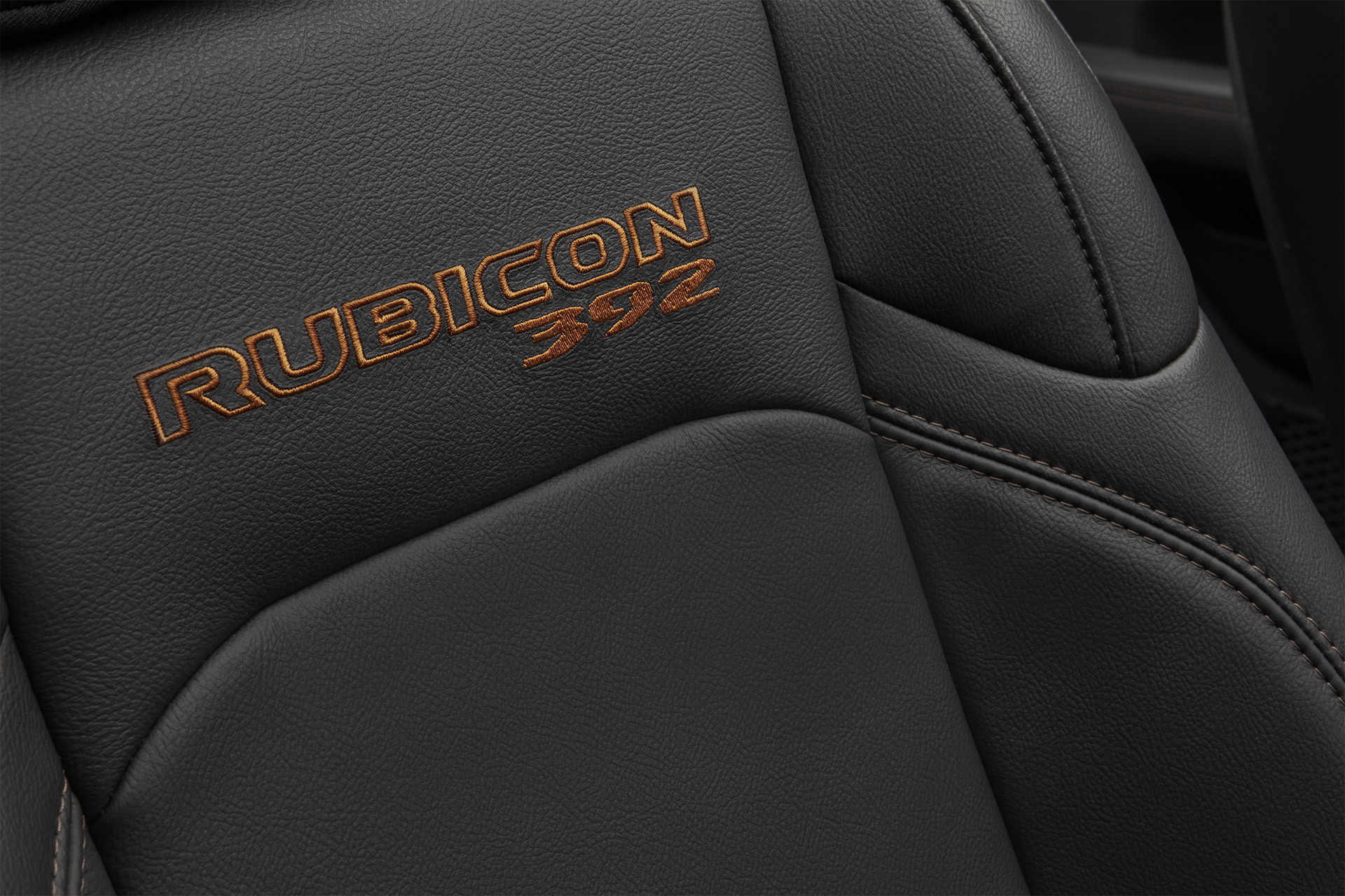 Close up of the Jeep Wrangler Rubicon 392 leather trimmed seats