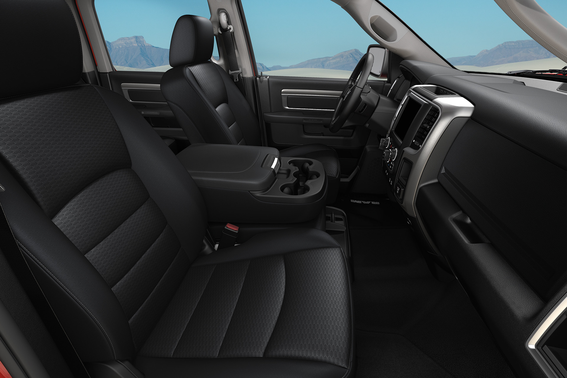 The interior of a 2022 Ram 1500 Classic, with the front seats being shown.