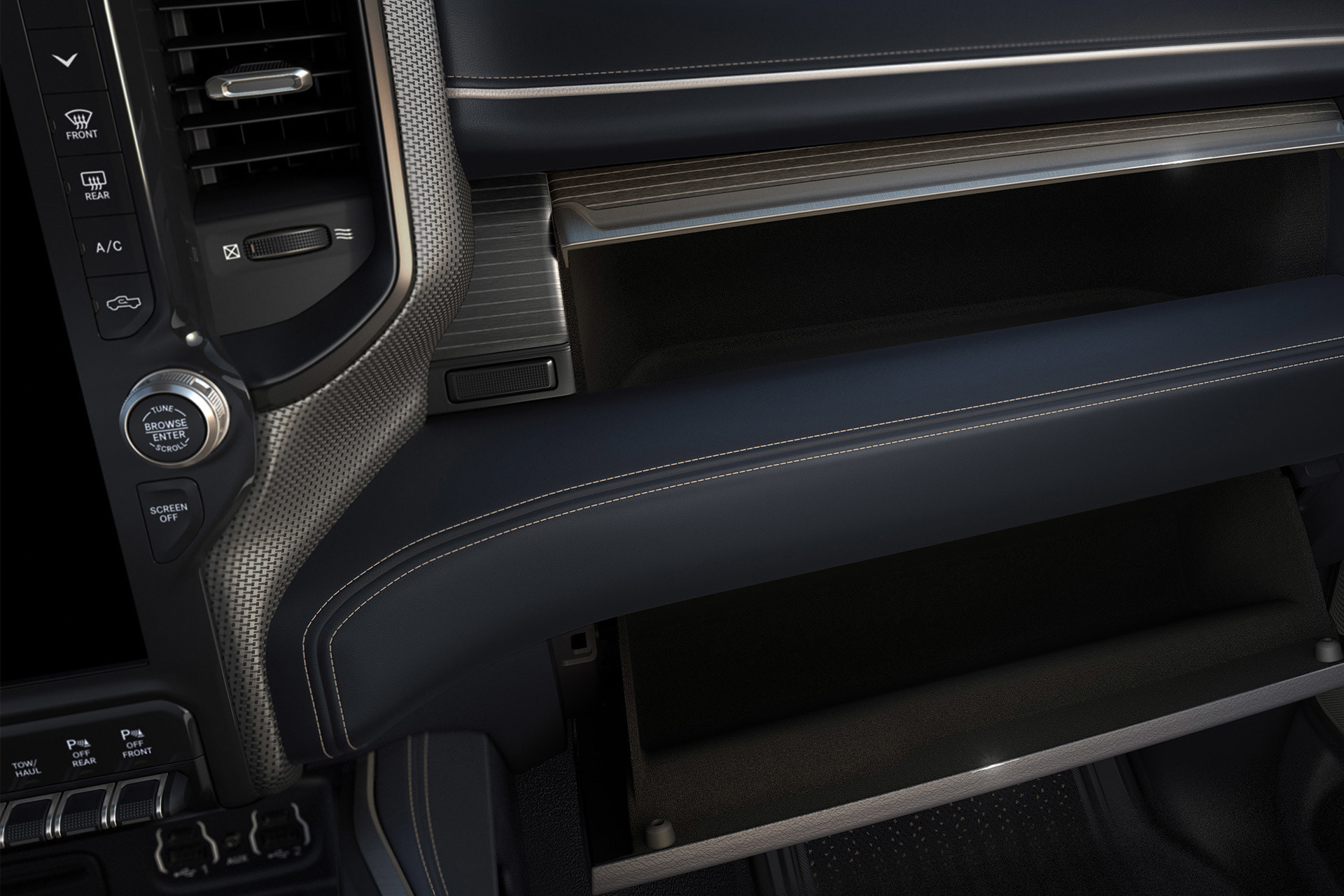 Zoomed in view of the dual glove boxes of the 2022 Ram 1500