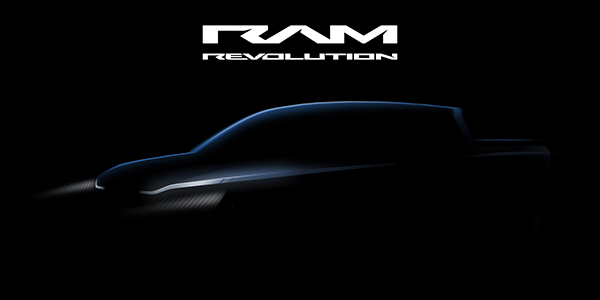 Image montrant un concept abstrait de camion électrique avec le logo Ram Revolution en texte blanc.