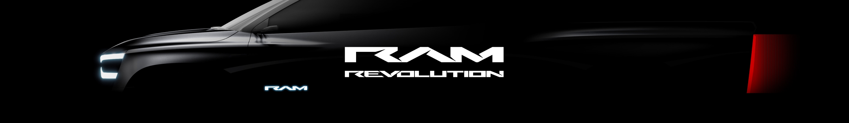 An image showing an abstract electric truck concept with the Ram Revolution logo in white text. 