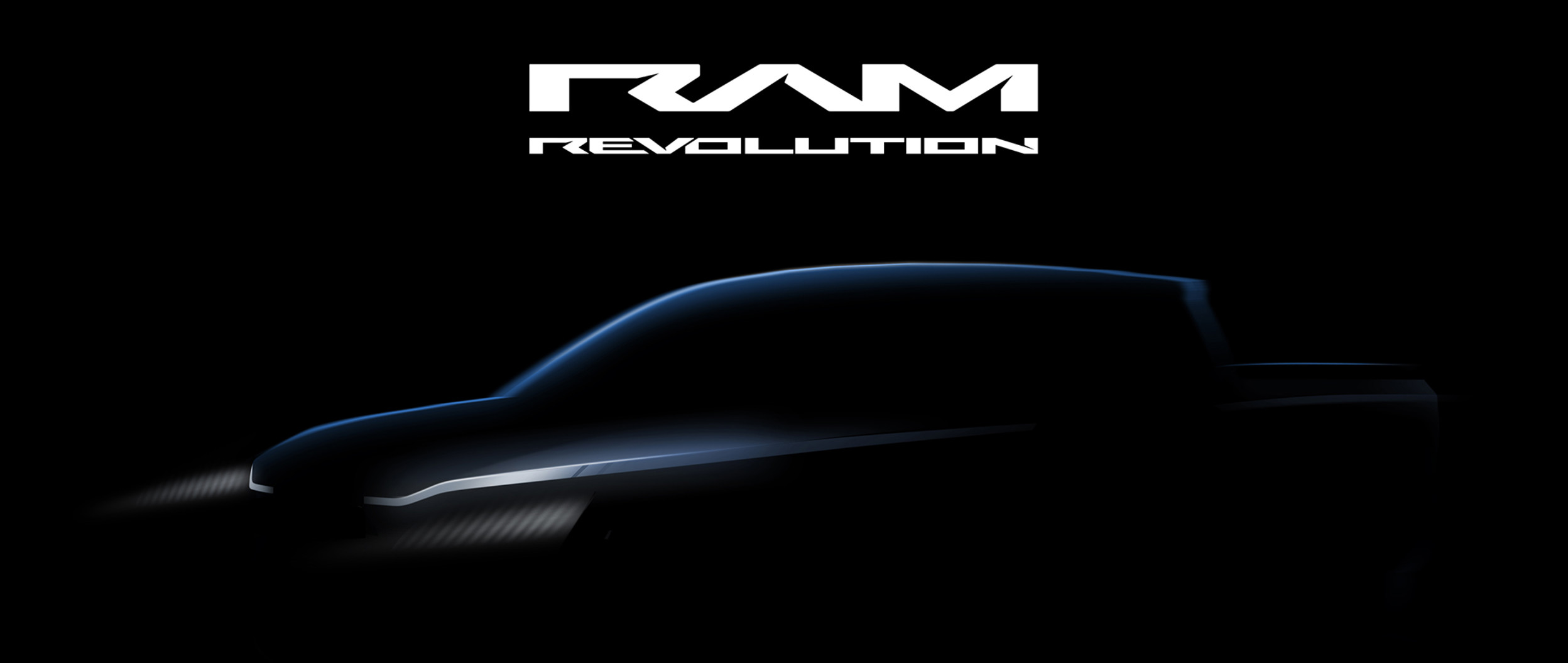 An image showing an abstract electric truck concept with the Ram Revolution logo in white text. 