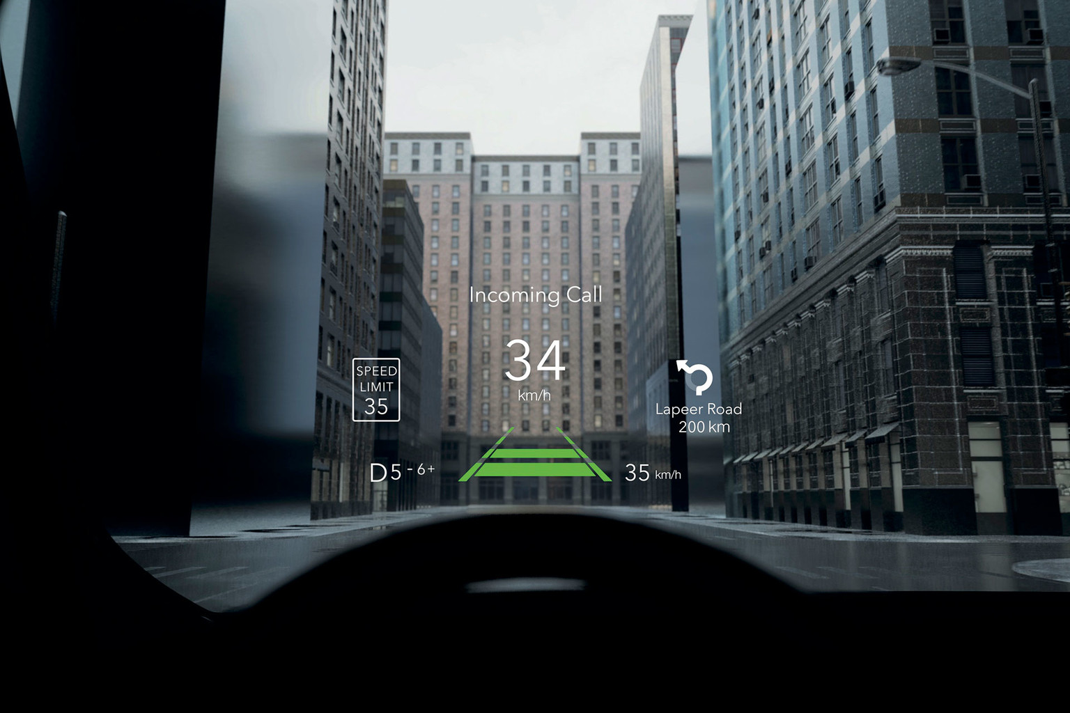 The Head-Up Display on the windshield of a 2022 Ram 1500 TRX, looking out onto a city landscape.