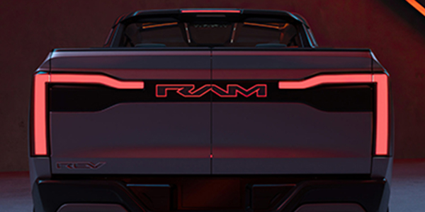 The rear of a 2023 Ram Revolution Concept truck.