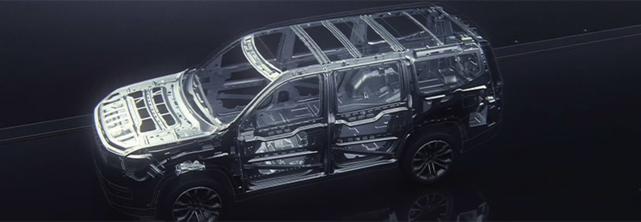 Rendering of a 2024 Grand Wagoneer with the steel frame highlighted.