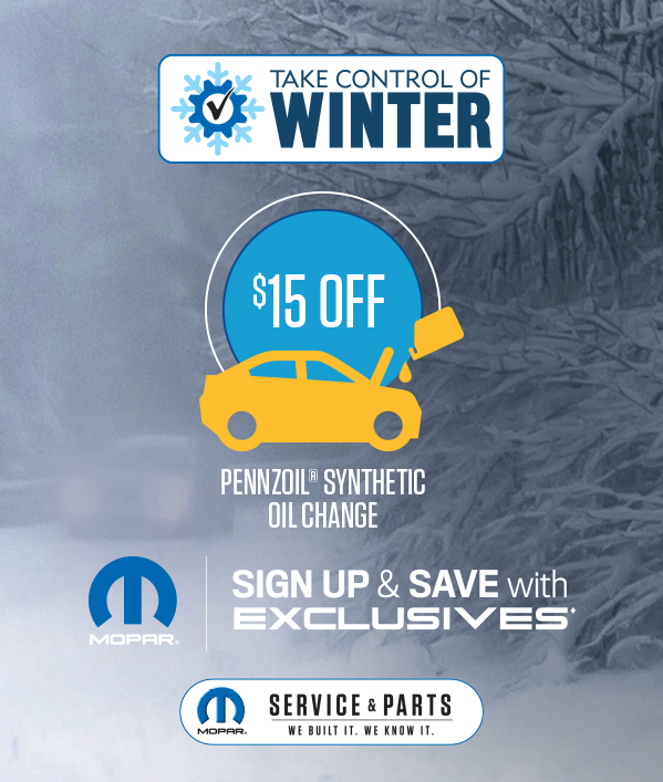 $15 OFF Pennzoil Synthetic Oil Change SAVE $15 on a Pennzoil Synthetic oil change ≠ When you redeem your Mopar Exclusives Coupon. See dealer for details.