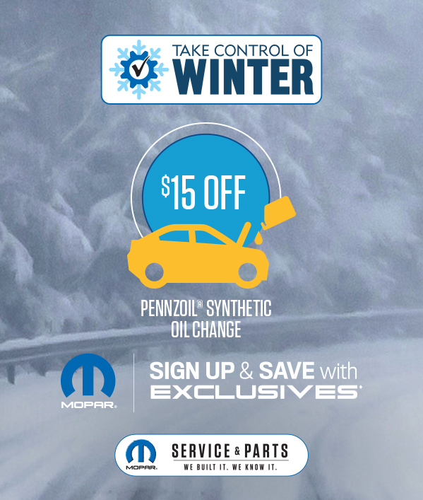 $15 off Pennzoil Synthetic Oil Change SAVE $15 on a Pennzoil synthetic oil change  ≠ When you redeem Mopar Exclusives Coupon. See dealer for details.