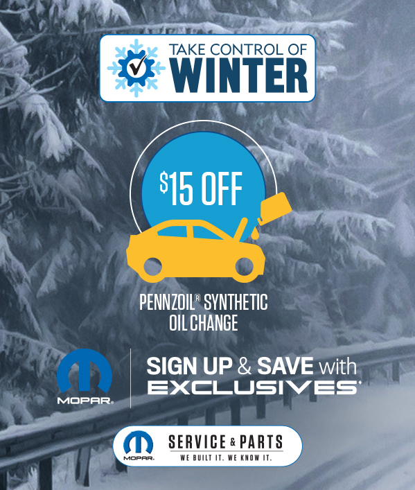 Oil & Filter Change SAVE $15 on a Pennzoil Synthetic oil change ≠ When you redeem your Mopar Exclusives Coupon. See dealer for details.