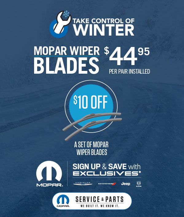 Mopar Wiper Blades 44.95} per pair installed. Purchase a pair of Mopar Wiper Blades and save $10 with Mopar Exclusives offer.