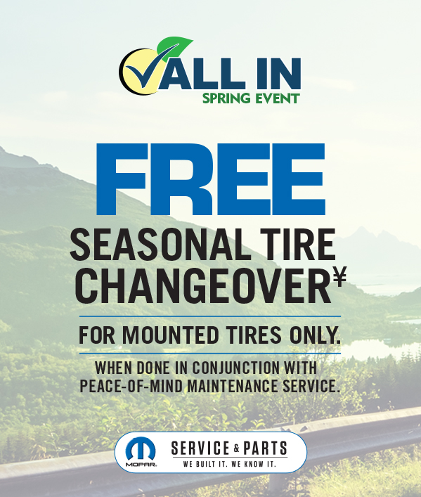 Seasonal Tire Changeover FREE For Mounted Tires only. When done in conjunction with Peace-of-Mind Maintenance Service. ≠